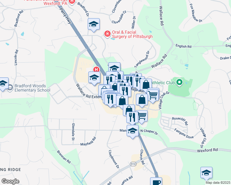 map of restaurants, bars, coffee shops, grocery stores, and more near U.S. 19 in Wexford