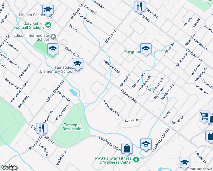 map of restaurants, bars, coffee shops, grocery stores, and more near 4 Tamaques Way in Westfield