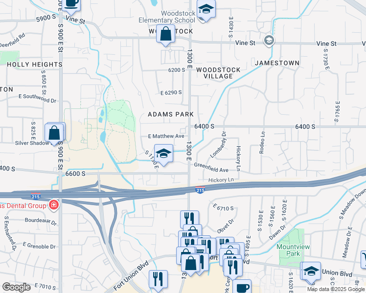 map of restaurants, bars, coffee shops, grocery stores, and more near 6486 South 1300 East in Murray