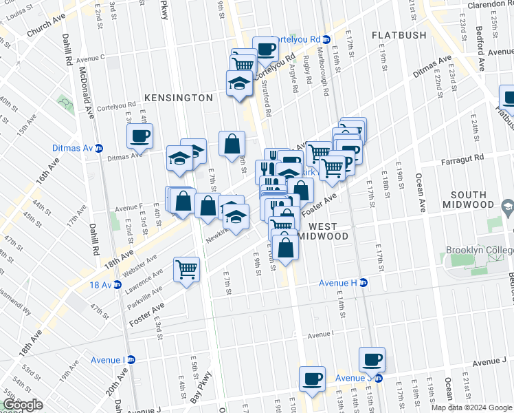 map of restaurants, bars, coffee shops, grocery stores, and more near 925 Newkirk Avenue in Brooklyn