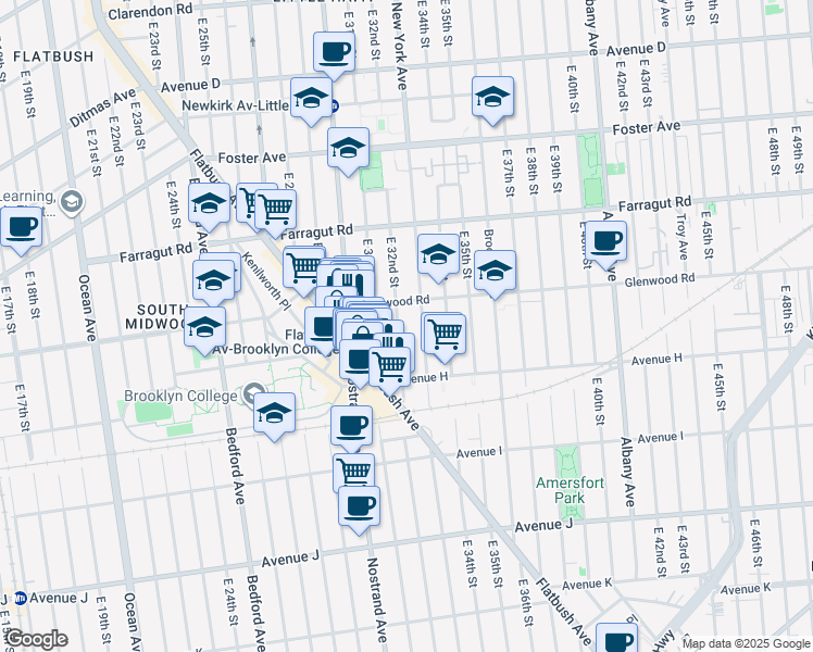 map of restaurants, bars, coffee shops, grocery stores, and more near 729 East 32nd Street in Brooklyn