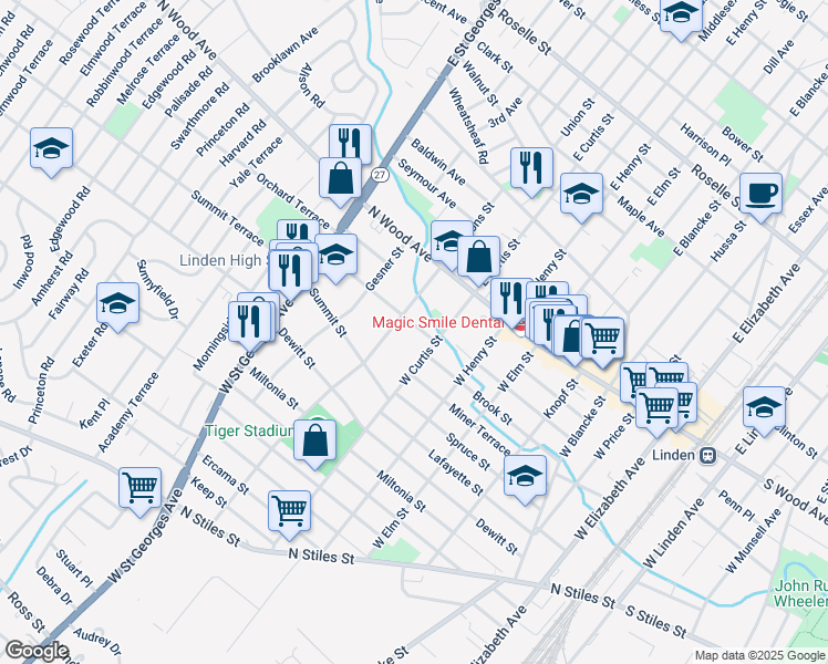 map of restaurants, bars, coffee shops, grocery stores, and more near 717 Ainsworth Street in Linden