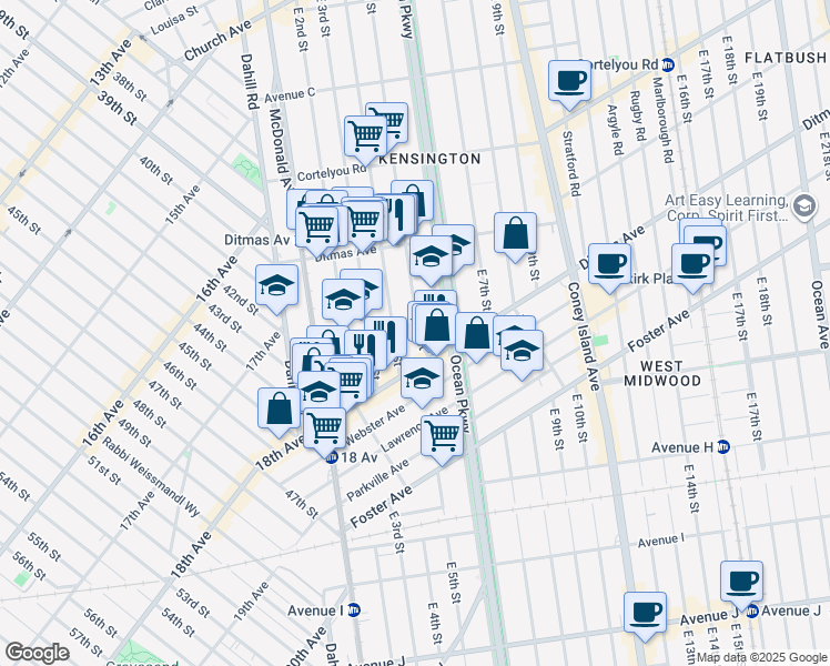 map of restaurants, bars, coffee shops, grocery stores, and more near 762 East 5th Street in Brooklyn