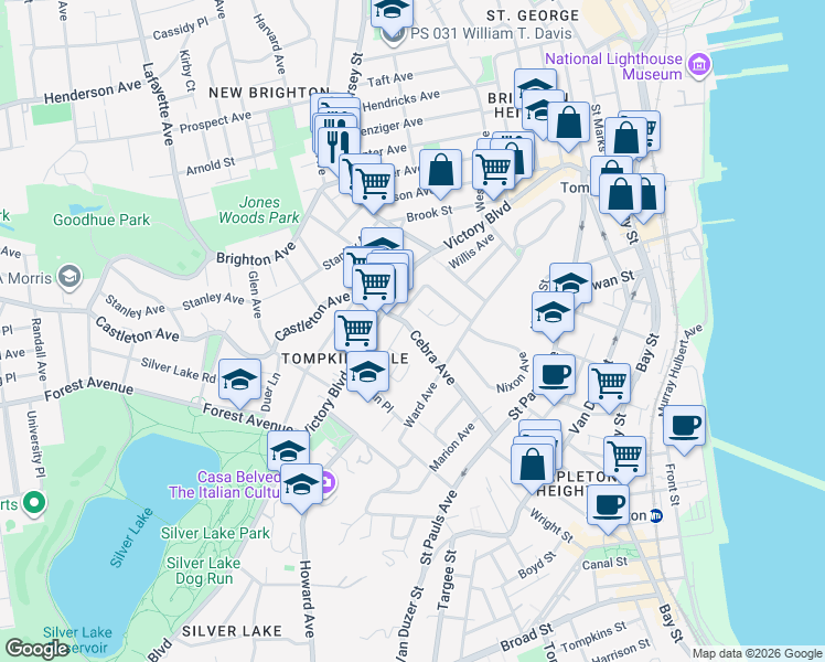 map of restaurants, bars, coffee shops, grocery stores, and more near 1 Chester Place in Staten Island