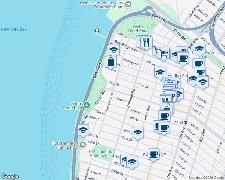 map of restaurants, bars, coffee shops, grocery stores, and more near 23 75th Street in Brooklyn