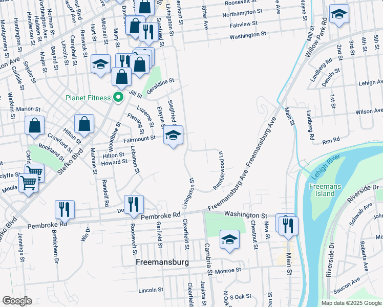 map of restaurants, bars, coffee shops, grocery stores, and more near 1416 Livingston Street in Bethlehem