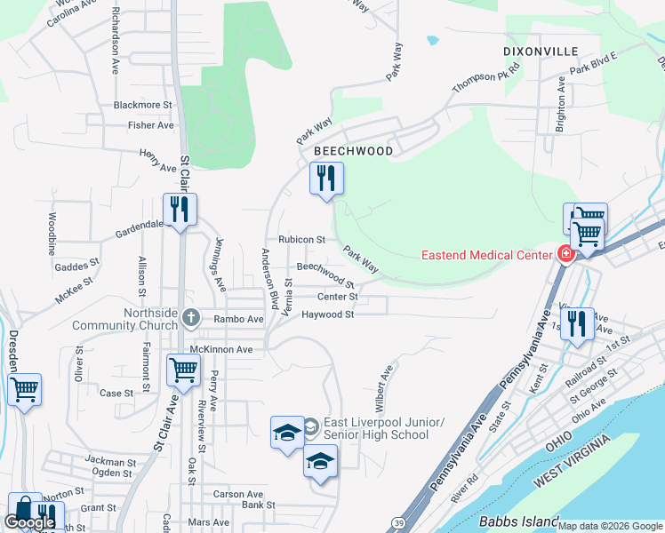 map of restaurants, bars, coffee shops, grocery stores, and more near 207 Beechwood Street in East Liverpool