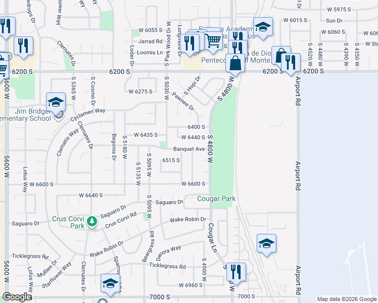 map of restaurants, bars, coffee shops, grocery stores, and more near 6484 Purple Sage Drive in West Jordan