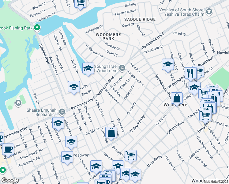 map of restaurants, bars, coffee shops, grocery stores, and more near 376 Island Avenue in Woodmere