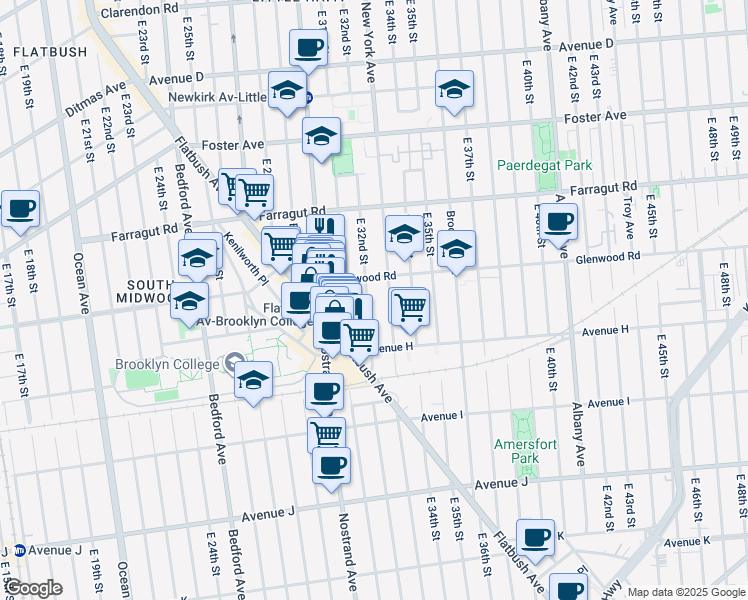 map of restaurants, bars, coffee shops, grocery stores, and more near 729 East 32nd Street in Brooklyn