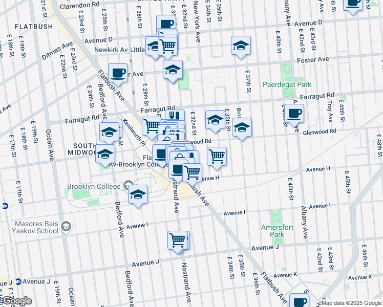 map of restaurants, bars, coffee shops, grocery stores, and more near 729 East 32nd Street in Brooklyn