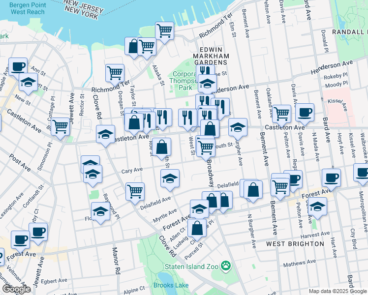 map of restaurants, bars, coffee shops, grocery stores, and more near 28 Caroline Street in Staten Island
