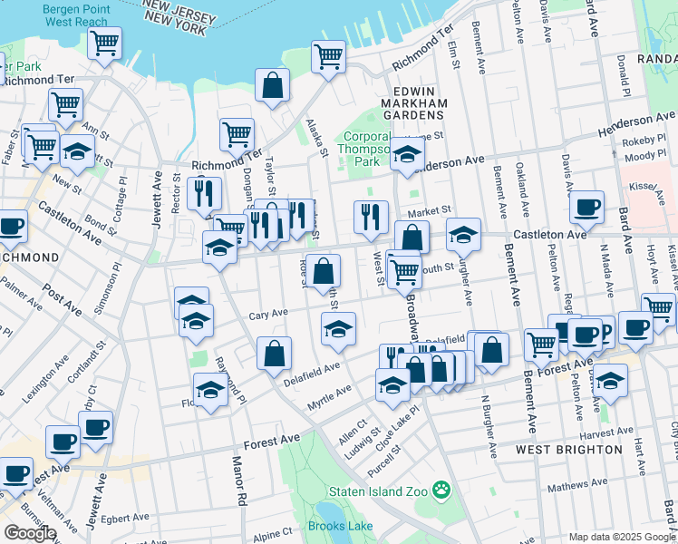 map of restaurants, bars, coffee shops, grocery stores, and more near 28 Caroline Street in Staten Island