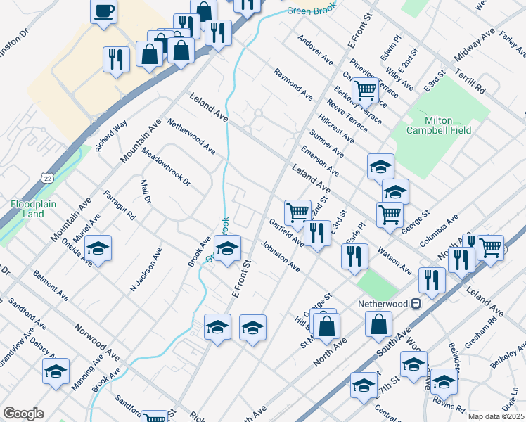 map of restaurants, bars, coffee shops, grocery stores, and more near 1012-14 East Front Street in Plainfield