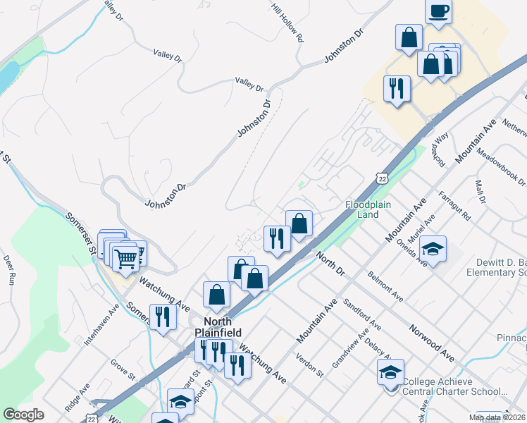 map of restaurants, bars, coffee shops, grocery stores, and more near 22 West Drive in Watchung