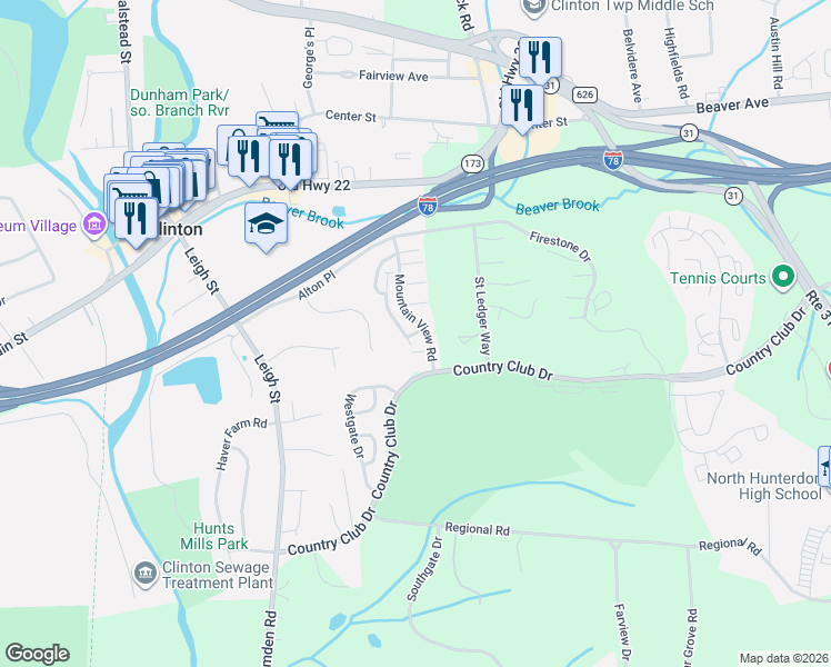 map of restaurants, bars, coffee shops, grocery stores, and more near 17 Alexandra Way in Clinton