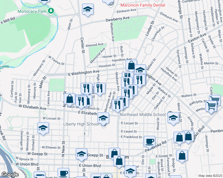 map of restaurants, bars, coffee shops, grocery stores, and more near 1434 Stehr Street in Bethlehem