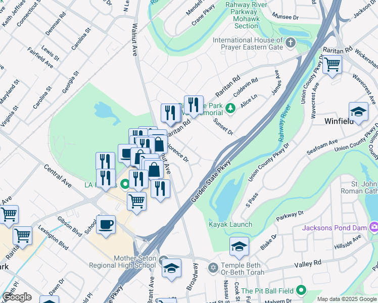 map of restaurants, bars, coffee shops, grocery stores, and more near 321 New York Avenue in Clark