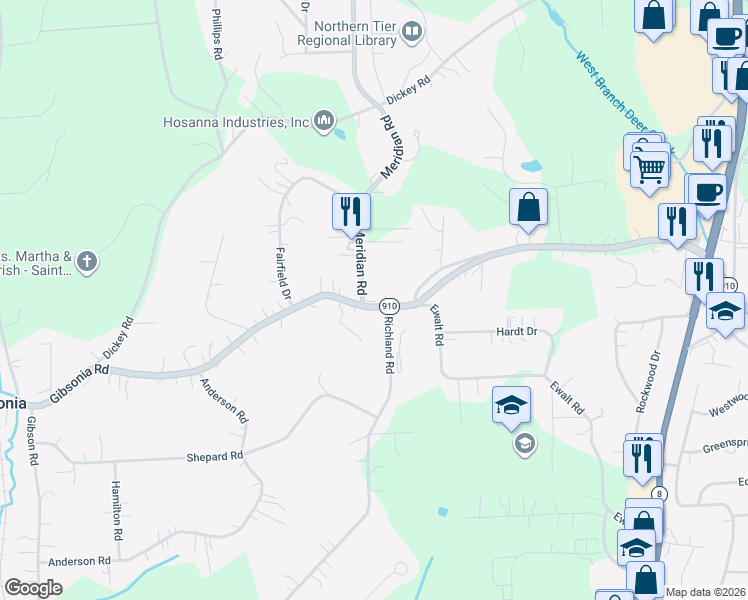 map of restaurants, bars, coffee shops, grocery stores, and more near 5600 Meridian Road in Gibsonia