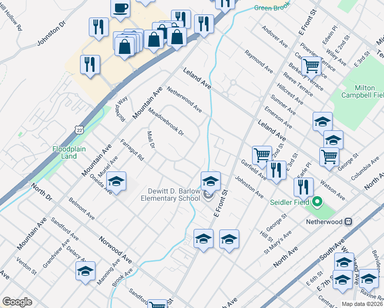 map of restaurants, bars, coffee shops, grocery stores, and more near 200 Mali Dr in North Plainfield