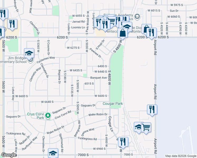 map of restaurants, bars, coffee shops, grocery stores, and more near 6484 Purple Sage Drive in West Jordan