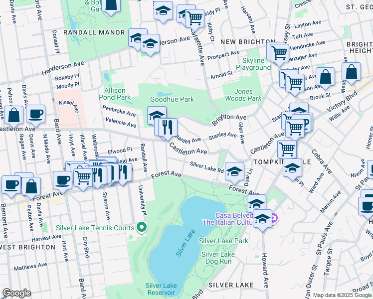 map of restaurants, bars, coffee shops, grocery stores, and more near 387 Castleton Avenue in Staten Island
