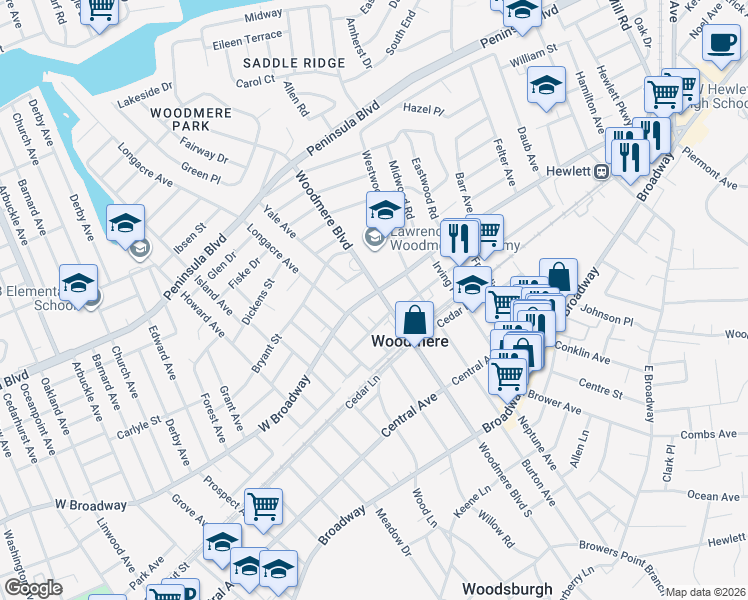 map of restaurants, bars, coffee shops, grocery stores, and more near 251 Woodmere Boulevard in Woodmere