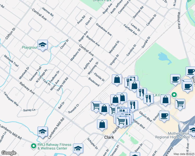 map of restaurants, bars, coffee shops, grocery stores, and more near 1734 Florida Street in Westfield