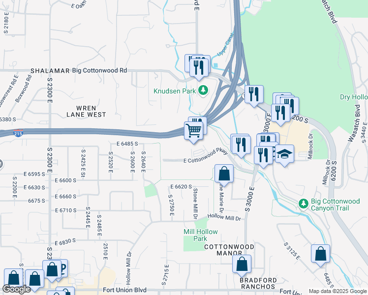 map of restaurants, bars, coffee shops, grocery stores, and more near 2795 East Cottonwood Parkway in Salt Lake City