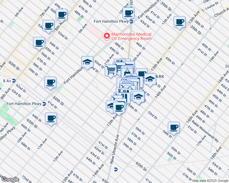 map of restaurants, bars, coffee shops, grocery stores, and more near 1215 54th Street in Brooklyn
