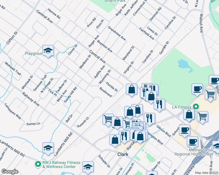 map of restaurants, bars, coffee shops, grocery stores, and more near 1734 Florida Street in Westfield
