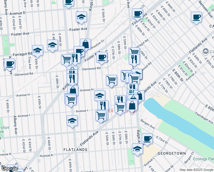 map of restaurants, bars, coffee shops, grocery stores, and more near 5519 Avenue H in Brooklyn