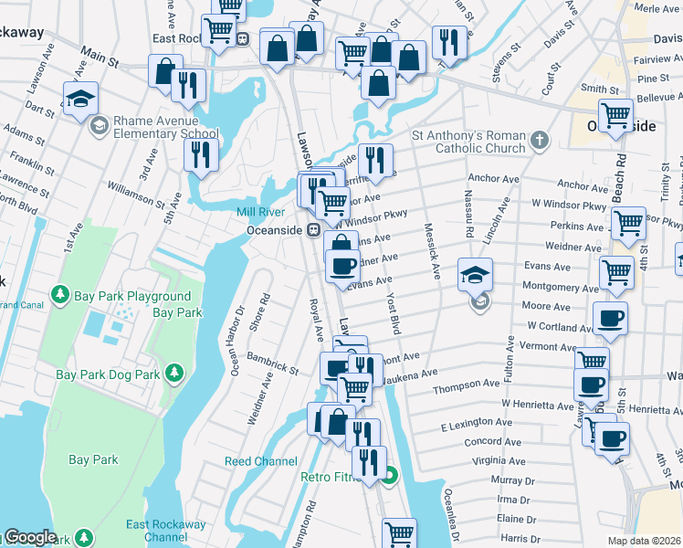 map of restaurants, bars, coffee shops, grocery stores, and more near 407 Weidner Avenue in Oceanside