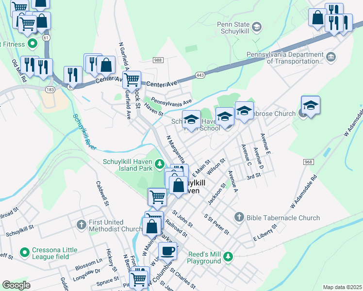 map of restaurants, bars, coffee shops, grocery stores, and more near 113 Haven Street in Schuylkill Haven