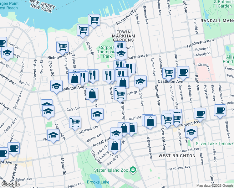 map of restaurants, bars, coffee shops, grocery stores, and more near 25 West Street in Staten Island