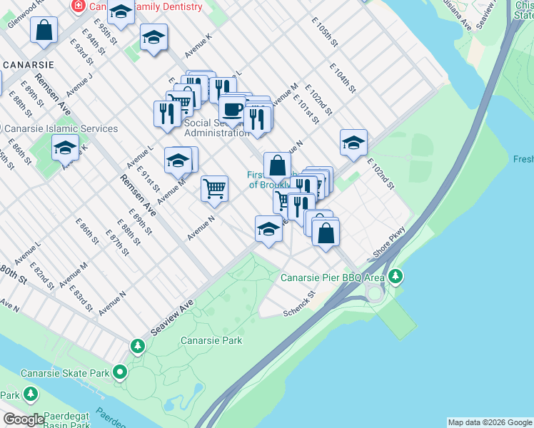 map of restaurants, bars, coffee shops, grocery stores, and more near 1631 East 95th Street in Brooklyn