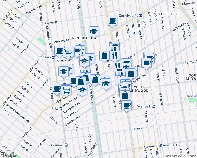 map of restaurants, bars, coffee shops, grocery stores, and more near 3841 18 Avenue in Brooklyn