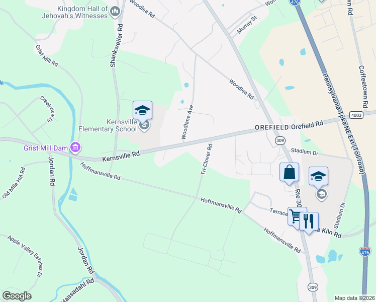 map of restaurants, bars, coffee shops, grocery stores, and more near 4830 Kernsville Road in Lehigh County