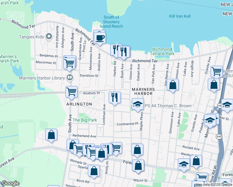 map of restaurants, bars, coffee shops, grocery stores, and more near 151 Harbor Road in Staten Island