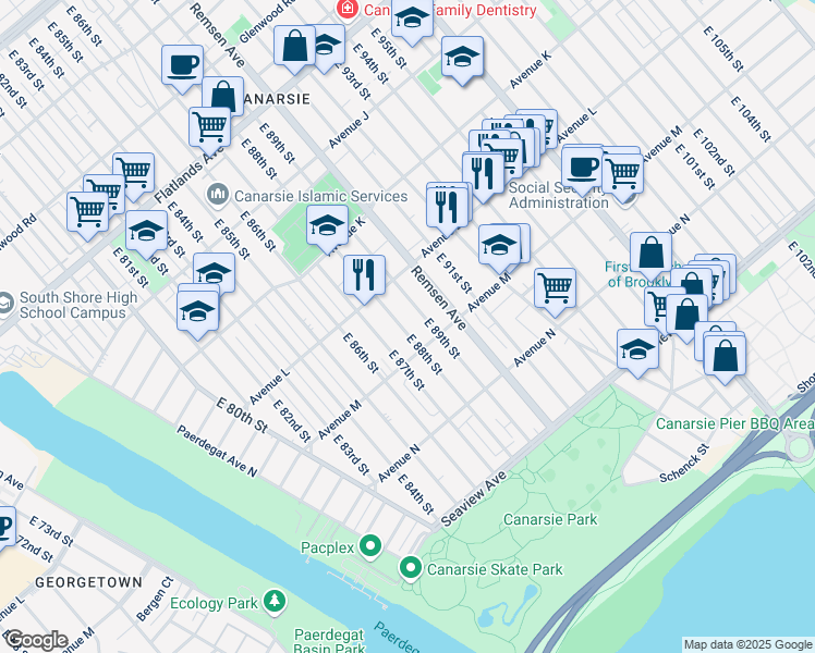 map of restaurants, bars, coffee shops, grocery stores, and more near 1255 East 88th Street in Brooklyn