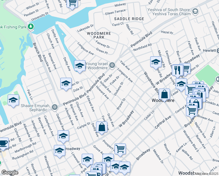 map of restaurants, bars, coffee shops, grocery stores, and more near 376 Island Avenue in Woodmere