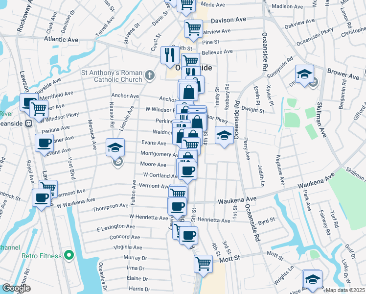 map of restaurants, bars, coffee shops, grocery stores, and more near 3214 Long Beach Road in Oceanside