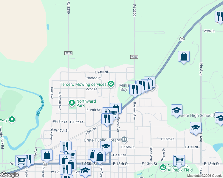 map of restaurants, bars, coffee shops, grocery stores, and more near 2200 Hawthorne Avenue in Crete