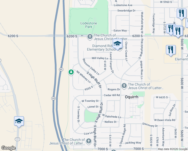 map of restaurants, bars, coffee shops, grocery stores, and more near 6487 South High Bluff Drive in Salt Lake City