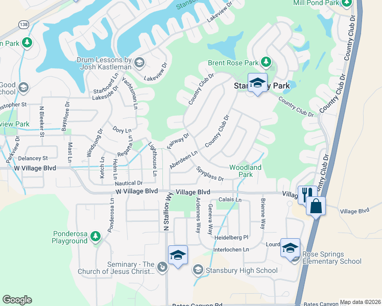 map of restaurants, bars, coffee shops, grocery stores, and more near 63 Spyglass Circle in Stansbury Park