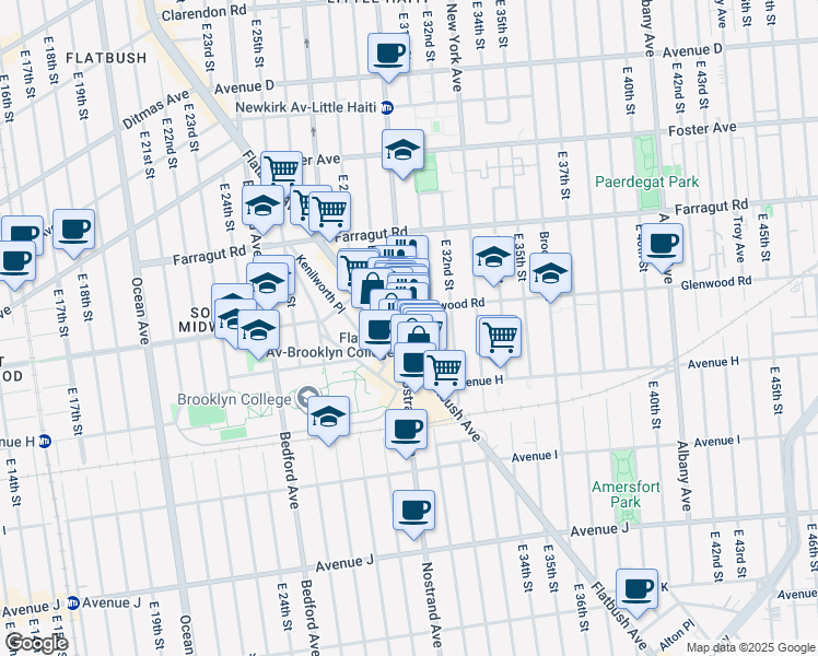 map of restaurants, bars, coffee shops, grocery stores, and more near 720 East 31st Street in Brooklyn