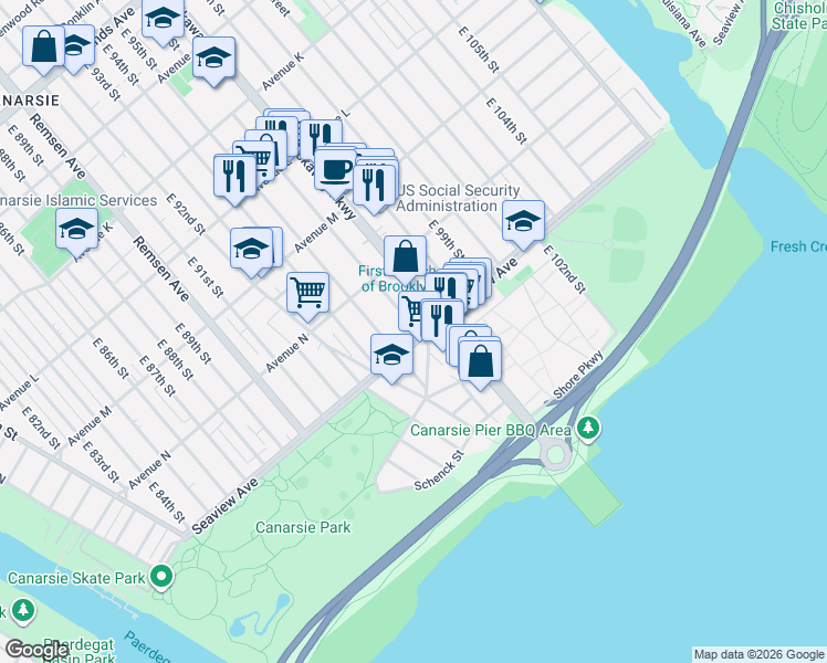 map of restaurants, bars, coffee shops, grocery stores, and more near 1631 East 95th Street in Brooklyn