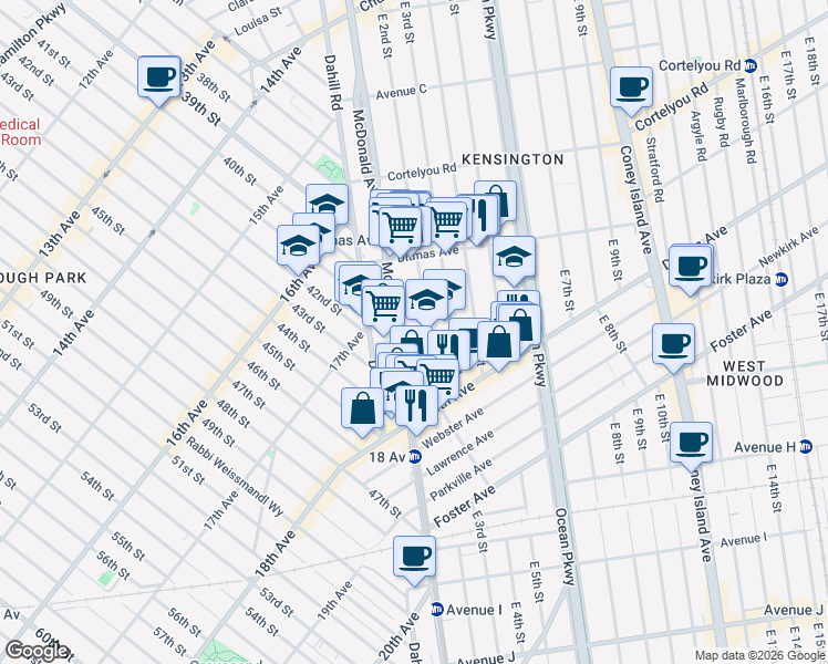 map of restaurants, bars, coffee shops, grocery stores, and more near 117 Avenue F in Brooklyn