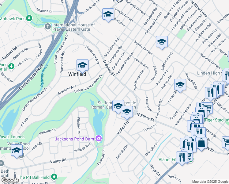 map of restaurants, bars, coffee shops, grocery stores, and more near 741 Haven Pl in Linden