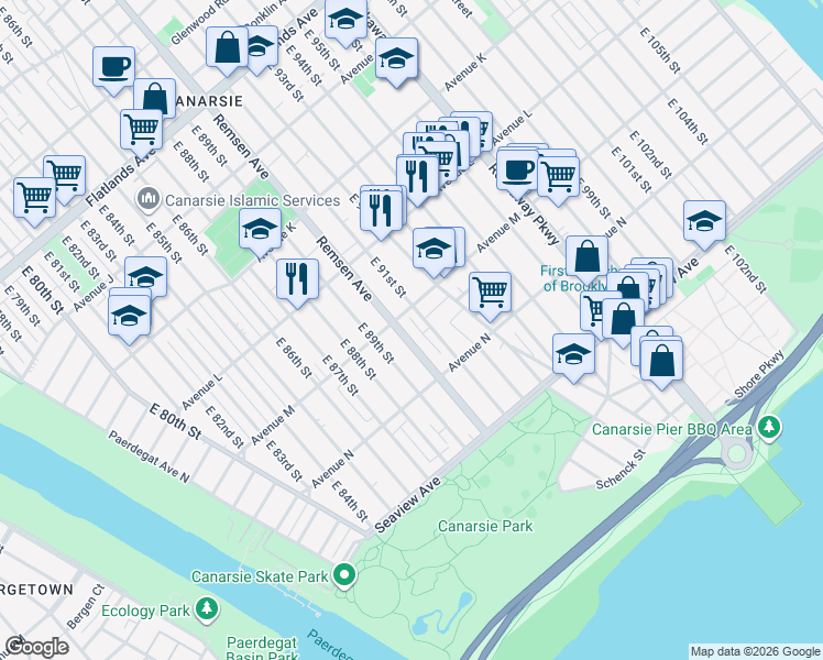 map of restaurants, bars, coffee shops, grocery stores, and more near 1528 East 91st Street in Brooklyn